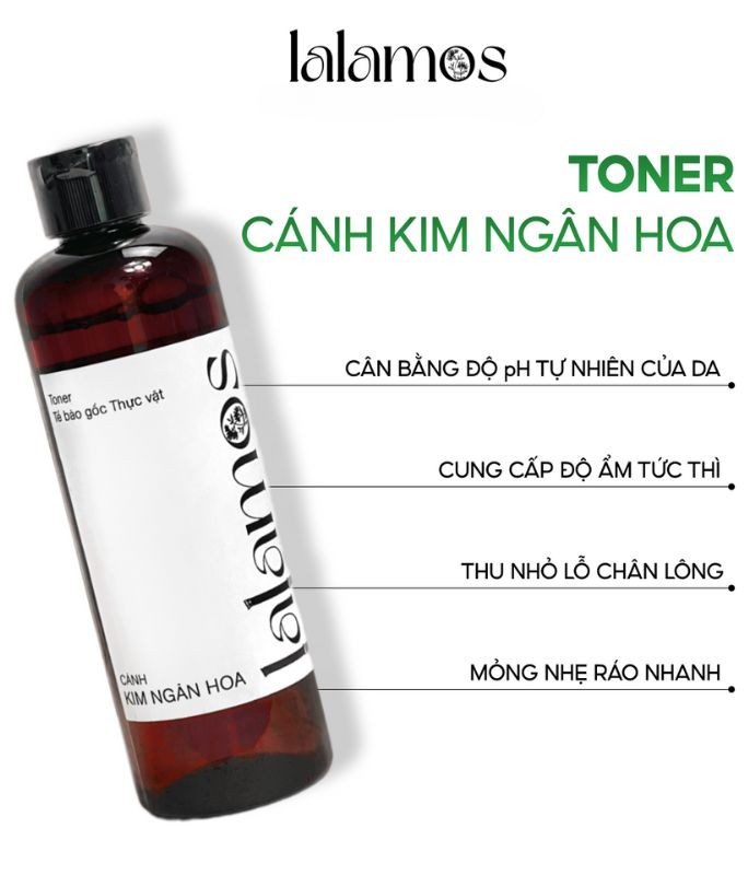 Toner Cánh Kim Ngân Hoa Lalamos giúp cân bằng độ pH, se khít lỗ chân lông, làm dịu và dưỡng ẩm da
