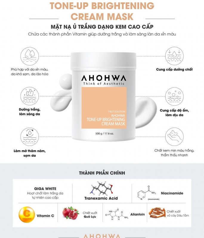 Mặt Nạ Kem Ủ Hỗ Trợ Làm Sáng Da Ahohwa - Tone-Up Brightening Cream Mask 500gr