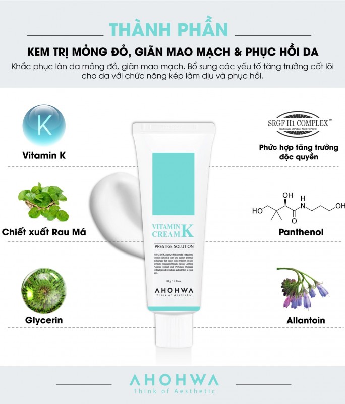 Kem Hỗ Trợ Làm Dịu Da, Giảm Đỏ, Chăm Sóc Da Yếu Sau Corticoid - Ahohwa Vitamin K Cream 80g